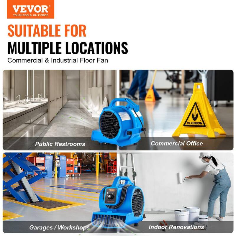 VEVOR Floor Blower 5 in. 3 Speeds Blower Fan in. Blue 1360 RPM 600 CFM Air Mover for Drying and Cooling with 4 Blowing Angles - FXZXDMGFJ130AAPPHV1
