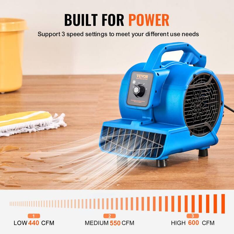 VEVOR Floor Blower 5 in. 3 Speeds Blower Fan in. Blue 1360 RPM 600 CFM Air Mover for Drying and Cooling with 4 Blowing Angles - FXZXDMGFJ130AAPPHV1