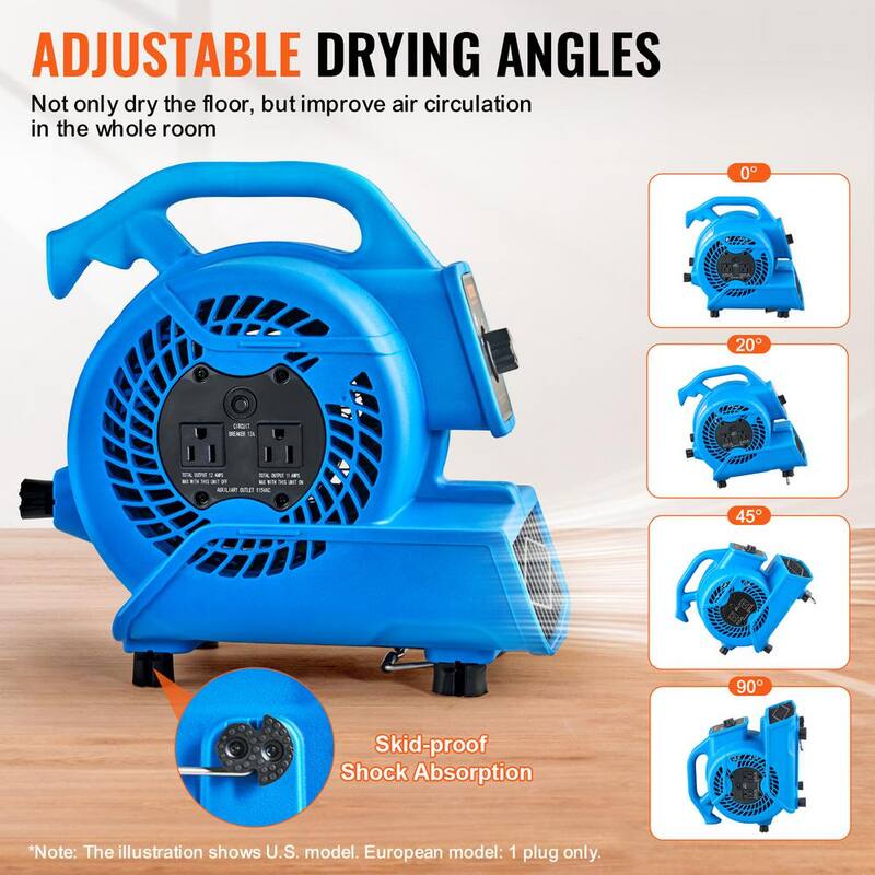 VEVOR Floor Blower 5 in. 3 Speeds Blower Fan in. Blue 1360 RPM 600 CFM Air Mover for Drying and Cooling with 4 Blowing Angles - FXZXDMGFJ130AAPPHV1