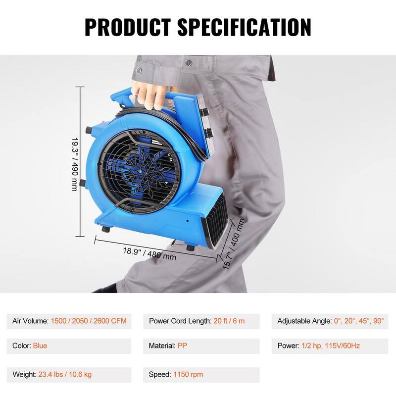 VEVOR Floor Blower 19.3 in. 3 Speeds Blower Fan in Blue with 1/2 HP 2600 CFM Air Mover for Drying and Cooling Carpet Dryer Fan - FXZXDMGFJ1800S8XLV1-0819