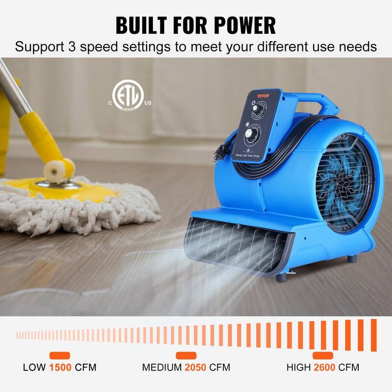 VEVOR Floor Blower 19.3 in. 3 Speeds Blower Fan in Blue with 1/2 HP 2600 CFM Air Mover for Drying and Cooling Carpet Dryer Fan - FXZXDMGFJ1800S8XLV1-0819