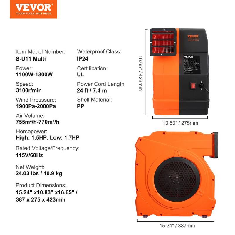 VEVOR Inflatable Blower 15 in. 1 Speed Blower Fan in Orange with 1.5/1.7 HP 1100-Watt Pump Commercial Air Blower 3100 RPM - SYQM1100W74M2G16HV1-0819