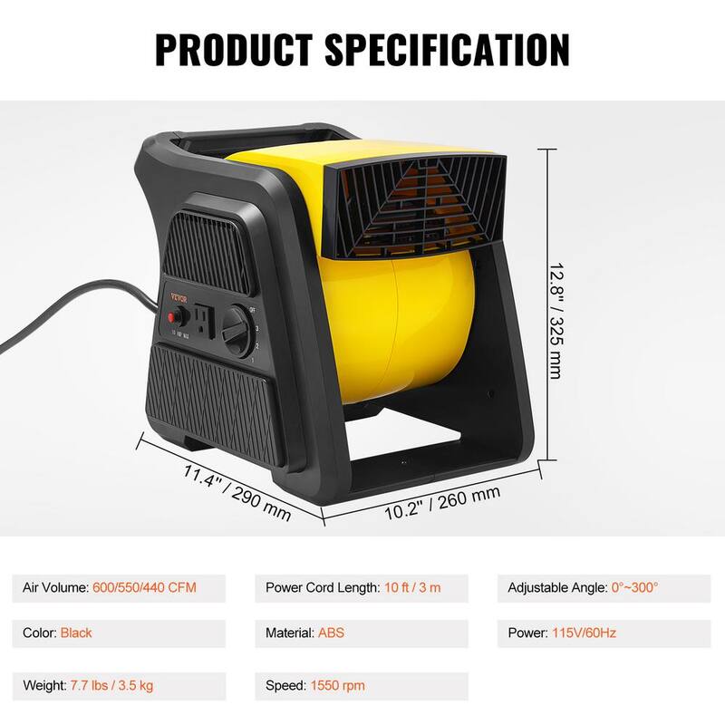 VEVOR Pivoting Utility Fan 12.8 in. 3 Speeds Blower Fan in Black with Portable Handle 600 CFM Air Mover for Drying Ventilating - XZXDMGFJ1700R3R0HV1-0819