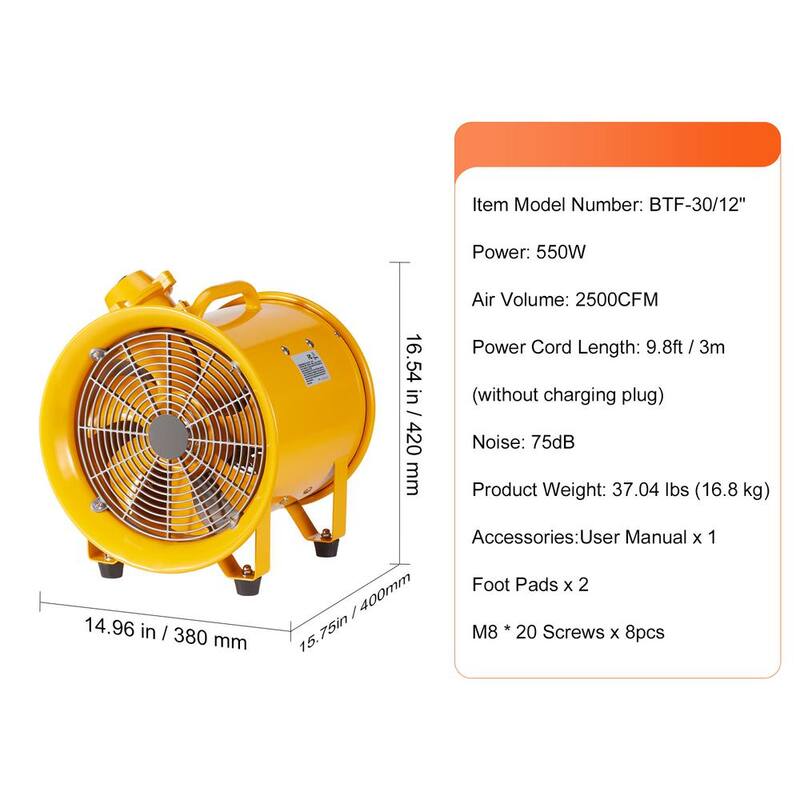 SKYSHALO Portable Ventilator 12 in. 1 Speed Blower Fan in Yellow with 9.8 ft. Power Cord 550W Strong Shop Exhaust Blower 2500CFM - FBGSZ550W12INQAWHV1-0718