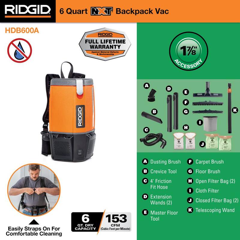 RIDGID 6 Qt. (1.5 Gal.) NXT Backpack Vacuum Cleaner with Filters, Telescoping Wand, Shop Vac Attachments for Dry Applications - HDB600A