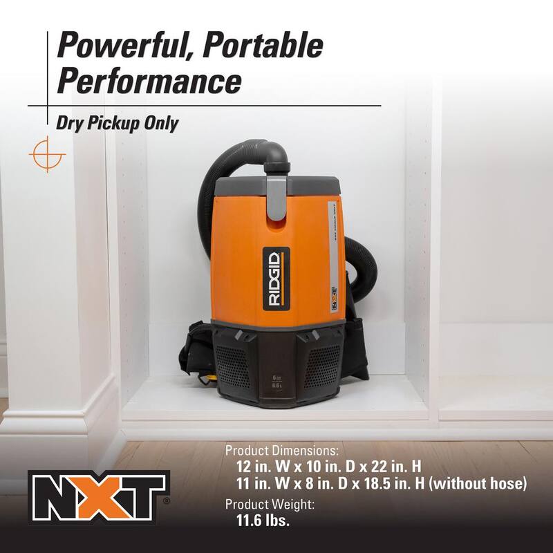RIDGID 6 Qt. (1.5 Gal.) NXT Backpack Vacuum Cleaner with Filters, Telescoping Wand, Shop Vac Attachments for Dry Applications - HDB600A