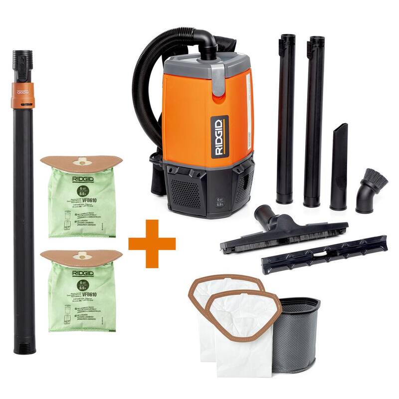 RIDGID 6 Qt. (1.5 Gal.) NXT Backpack Vacuum Cleaner with Filters, Telescoping Wand, Shop Vac Attachments for Dry Applications - HDB600A