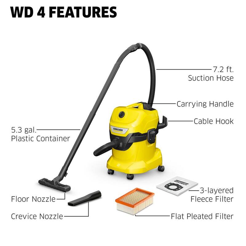 Karcher WD 4 Multi-Purpose 5.3 Gal. Wet/Dry Shop Vacuum Cleaner with Attachments - 2022 Edition - 1.628-207.0