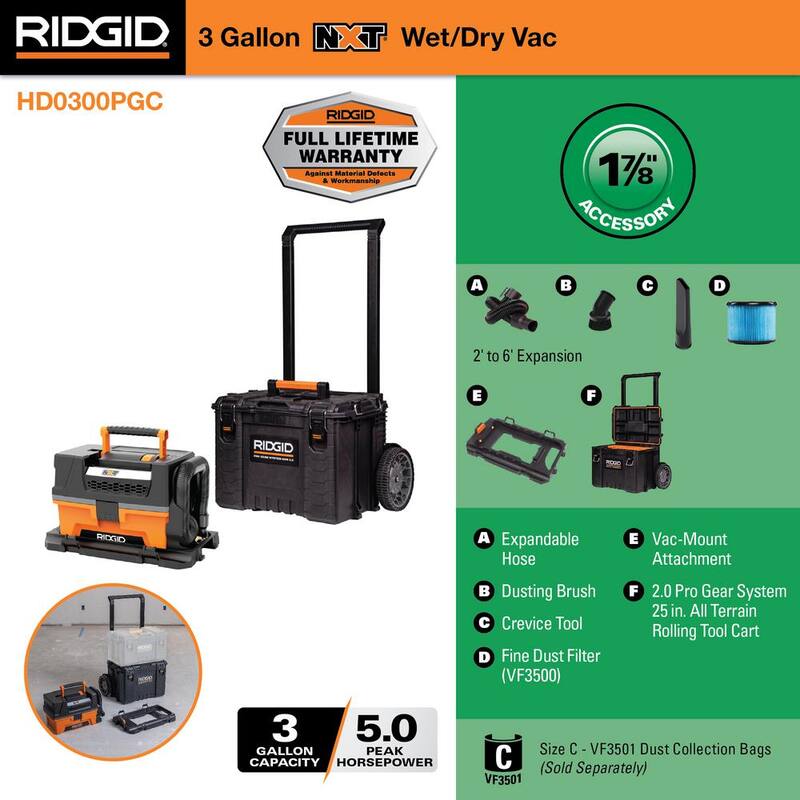 RIDGID 3 Gal. 5.0 Peak HP NXT Shop Vac Wet Dry Vacuum with Filter, Hose, Accessories, Pro Gear Attachment and Rolling Tool Cart - HD0300PGC