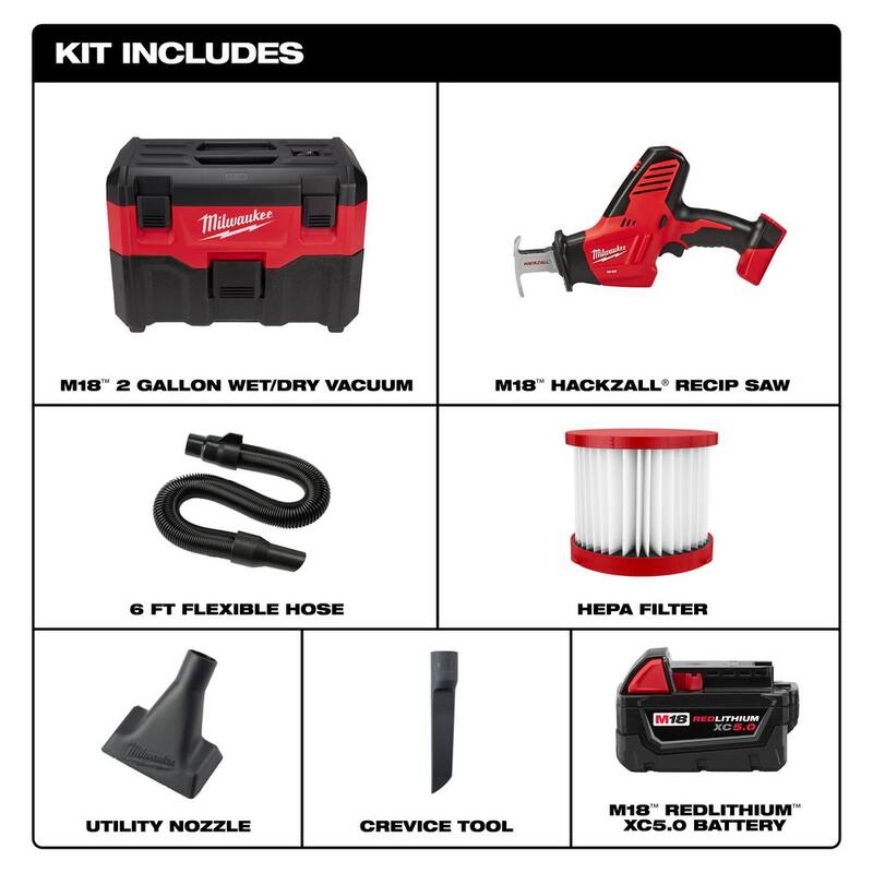 Milwaukee M18 18-Volt 2 Gal. Lithium-Ion Cordless Wet/Dry Vacuum with HACKZALL Reciprocating Saw and 5.0 Ah Battery - 0880-20-2625-20-48-11-1850