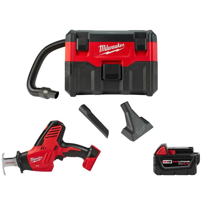 Milwaukee M18 18-Volt 2 Gal. Lithium-Ion Cordless Wet/Dry Vacuum with HACKZALL Reciprocating Saw and 5.0 Ah Battery - 0880-20-2625-20-48-11-1850