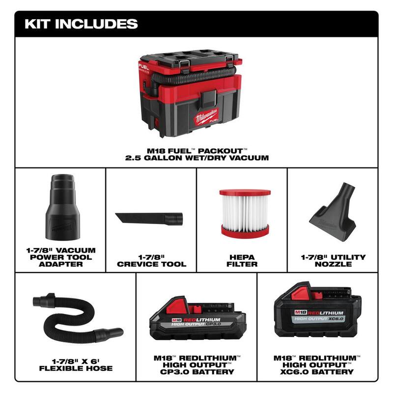 Milwaukee M18 FUEL PACKOUT 18-Volt Lithium-Ion Cordless 2.5 Gal. Wet/Dry Vacuum with M18 High Output 6.0 Ah and 3.0 Ah Batteries - 0970-20-48-11-1865S