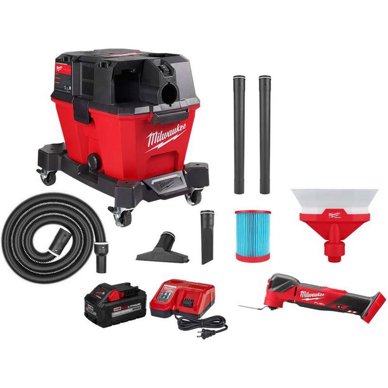 Milwaukee M18 FUEL 6 Gal Wet/Dry Vacuum, Multi-Tool, and Dust Collector Vac Attachment w/M18 XC 8.0Ah Battery and Rapid Charger - 0910-20-2836-20-48-59-1880-49-90-2022