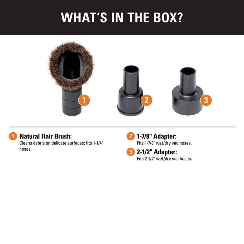 RIDGID 1-1/4 in. Natural Hair Dusting Brush Shop Vac Attachment with 1-7/8 in., 2-1/2 in. Adapters for RIDGID Wet Dry Vacuums - VT2131