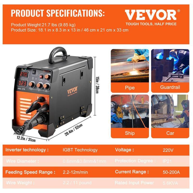 VEVOR 3 In 1 MIG MMA TIG Welder 270 Ampmp 110/220-Volt Welding Machine Combo 110V/220V with LCD Digital Display IGBT Inverter - DHJMIGMMAMIGLL6WNV5