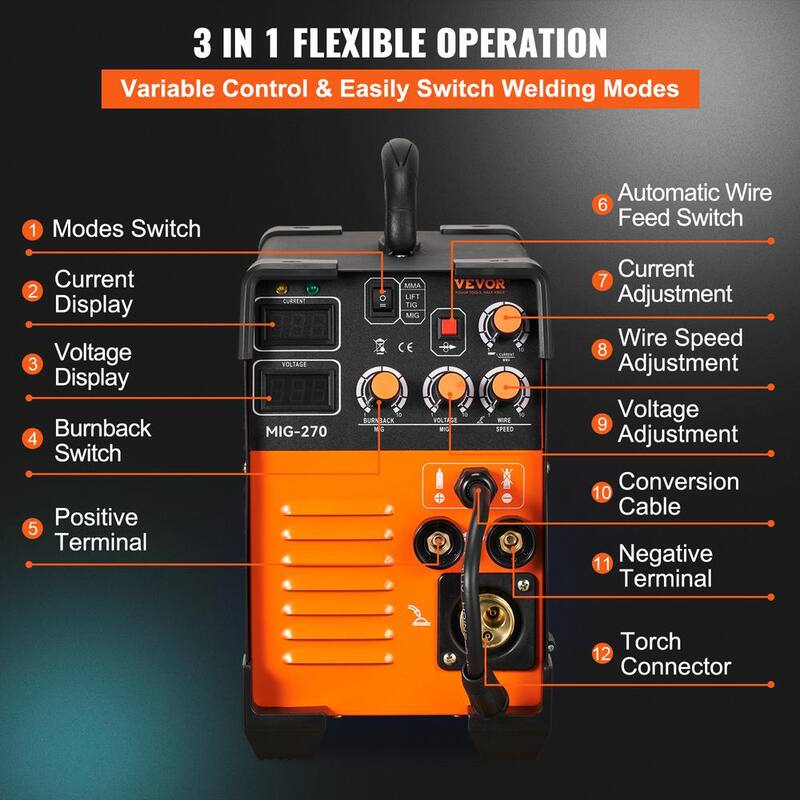 VEVOR 3 In 1 MIG MMA TIG Welder 270 Ampmp 110/220-Volt Welding Machine Combo 110V/220V with LCD Digital Display IGBT Inverter - DHJMIGMMAMIGLL6WNV5