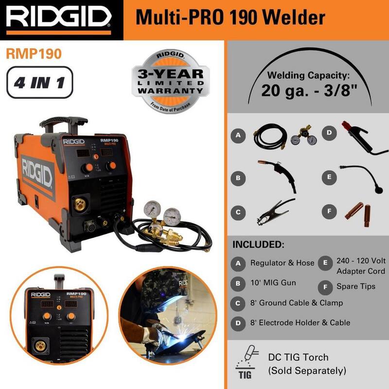 RIDGID 190 Amp, 120-Volt/240-Volt Electric, Multi-Process Welder - RMP190