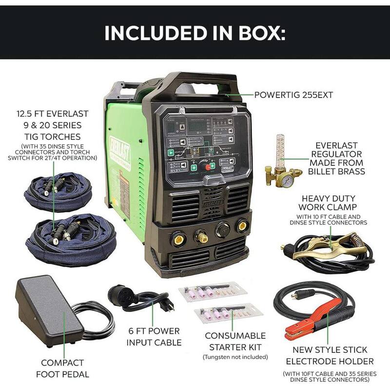 Everlast 250 Amp PowerTIG 255EXT IGBT Digital Inverter AC/DC Stick/TIG Welder with High Frequency and Lift TIG Start, 120V/240V - PowerTIG 255EXT