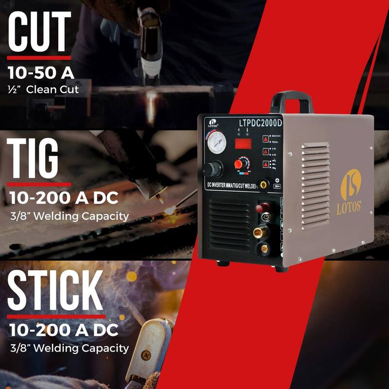 Lotos 50 Amp Non-Touch Pilot Arc Plasma Cutter, 200 Amp TIG/Stick Welder 3-in-1 Combo Welding Machine, Dual Voltage 110V/220V - LTPDC2000D