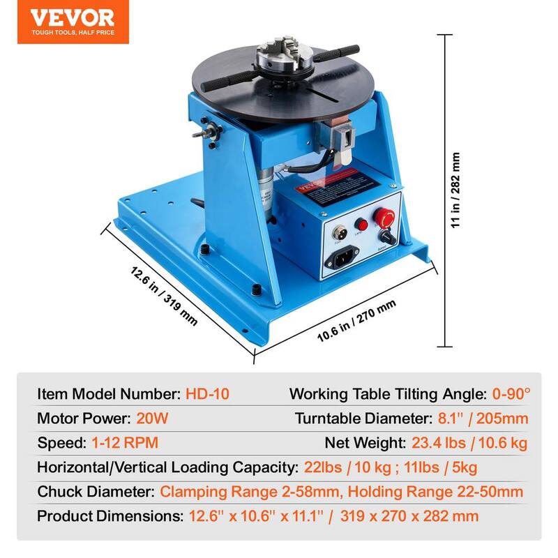 VEVOR Rotary Welding Positioner 10KG, 0-90° Welding Positioning Turntable Table with 8.1 In. 3-Jaw Lathe Chuck Volt - HJBWJX10KG20A453NV1-0726