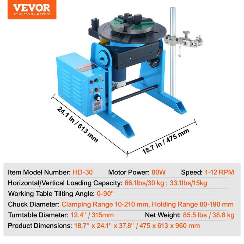 VEVOR Rotary Welding Positioner 66 lbs./30KG, 0-90° Welding Positioning Turntable Table 1-12RPM 80W, Grinding, Volts - HJBWJX30KG80ONXXLV1-0726