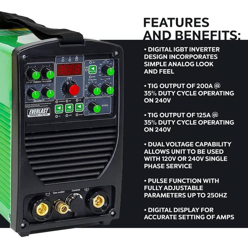 Everlast 200 Amp Power i-TIG 201 IGBT Digital Inverter DC Stick/TIG Welder with High Frequency and Lift TIG Start, 120V/240V - i-TIG201