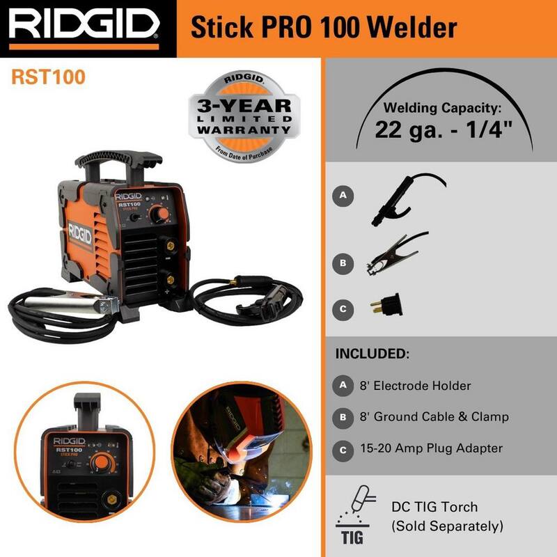 RIDGID 90 Amp, 120-Volt Electric, Arc Welder, Stick/TIG - RST100