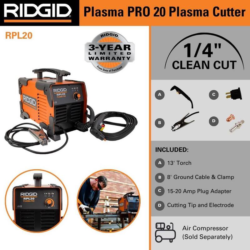 RIDGID 20 Amp Plasma Pro Plasma Cutter 120V Input Cuts up to 1/4 in. Inverter Technology - RPL20
