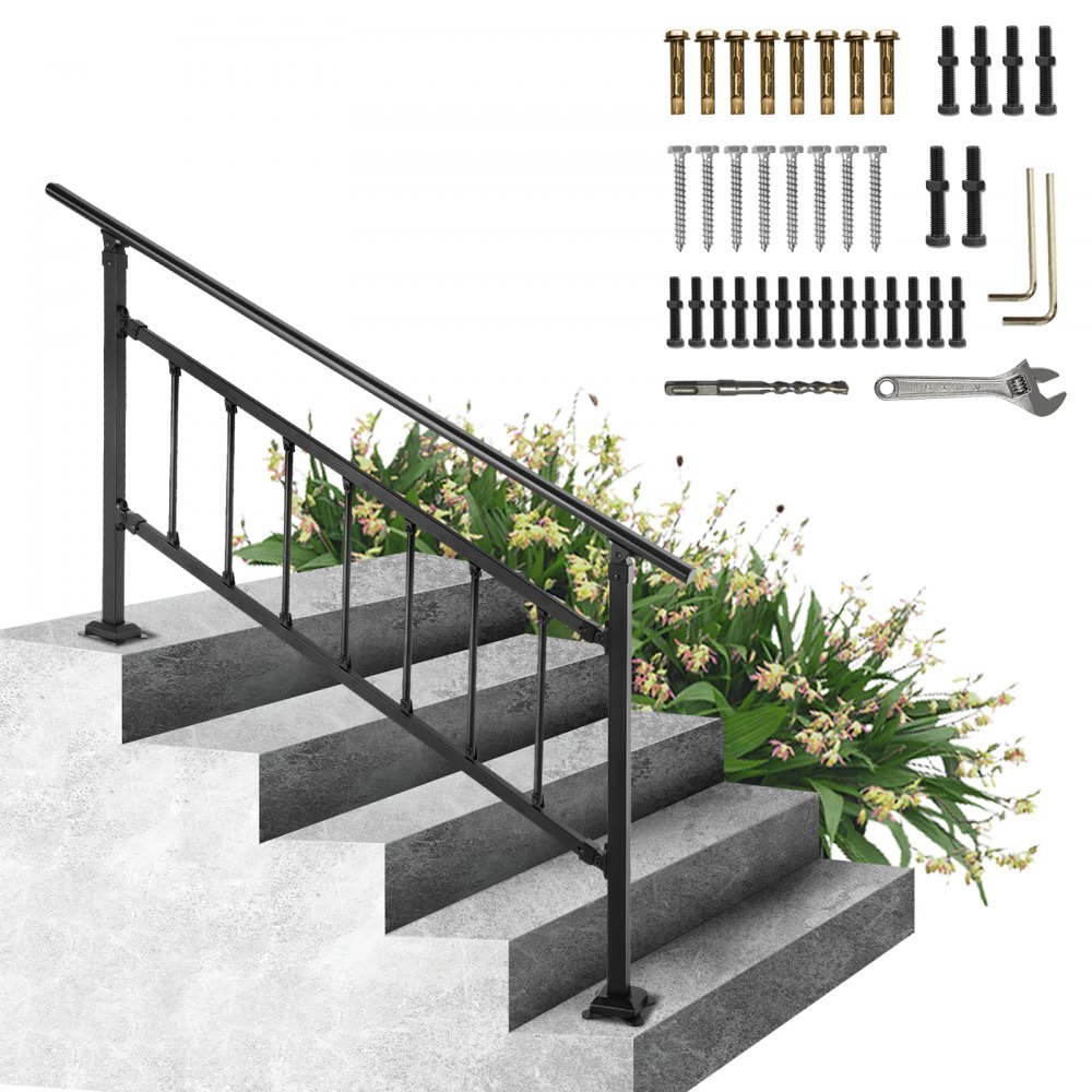VEVOR Outdoor Stair Railing, Fits for 1-5 Steps Transitional Wrought Iron Handrail, Adjustable Exterior Stair Railing with Fence, Handrails for Concrete Steps with Installation Kit, Matte Black - TZFGZXSLZFSD4JWFNV0