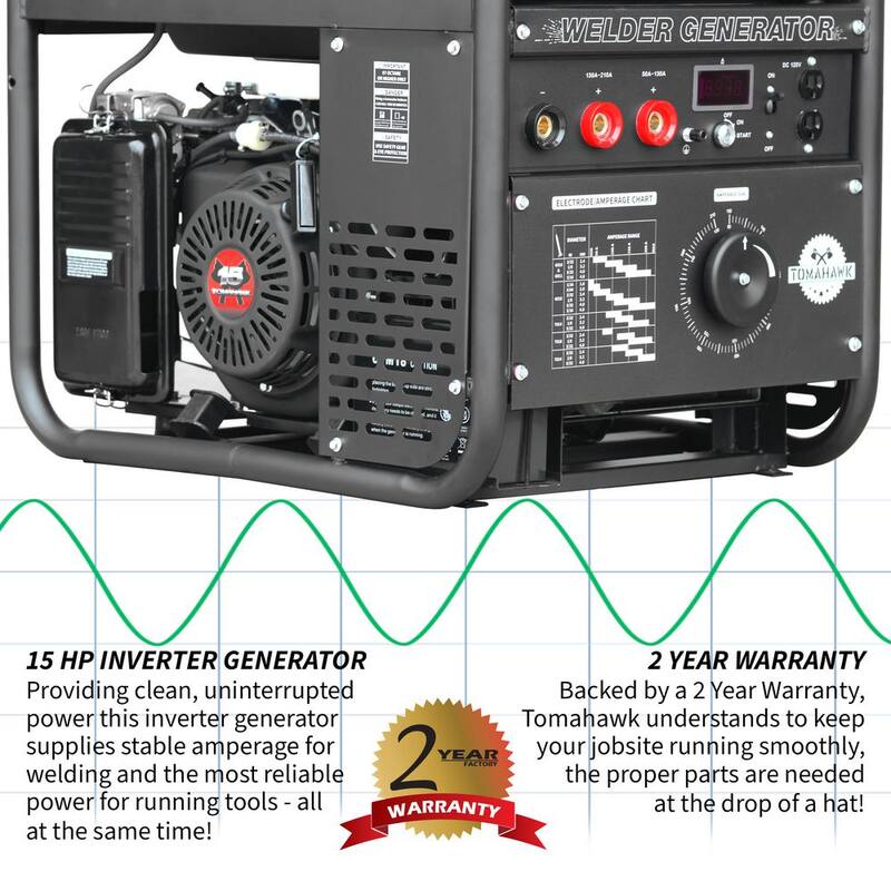 Tomahawk Power 210 Amp DC Multi Process MMA TIG Stick Welder Generator w/ 15 HP 2,000-Watt Electric Start Inverter Engine Driven Welder - TWG210A