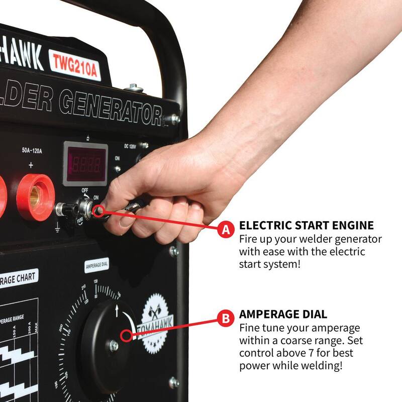 Tomahawk Power 210 Amp DC Multi Process MMA TIG Stick Welder Generator w/ 15 HP 2,000-Watt Electric Start Inverter Engine Driven Welder - TWG210A