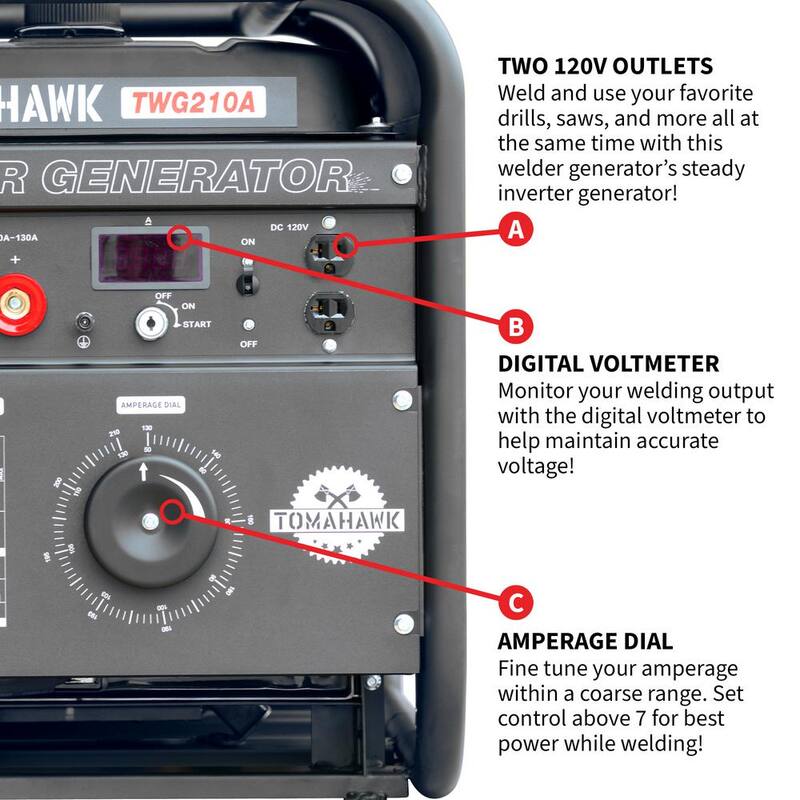 Tomahawk Power 210 Amp DC Multi Process MMA TIG Stick Welder Generator w/ 15 HP 2,000-Watt Electric Start Inverter Engine Driven Welder - TWG210A