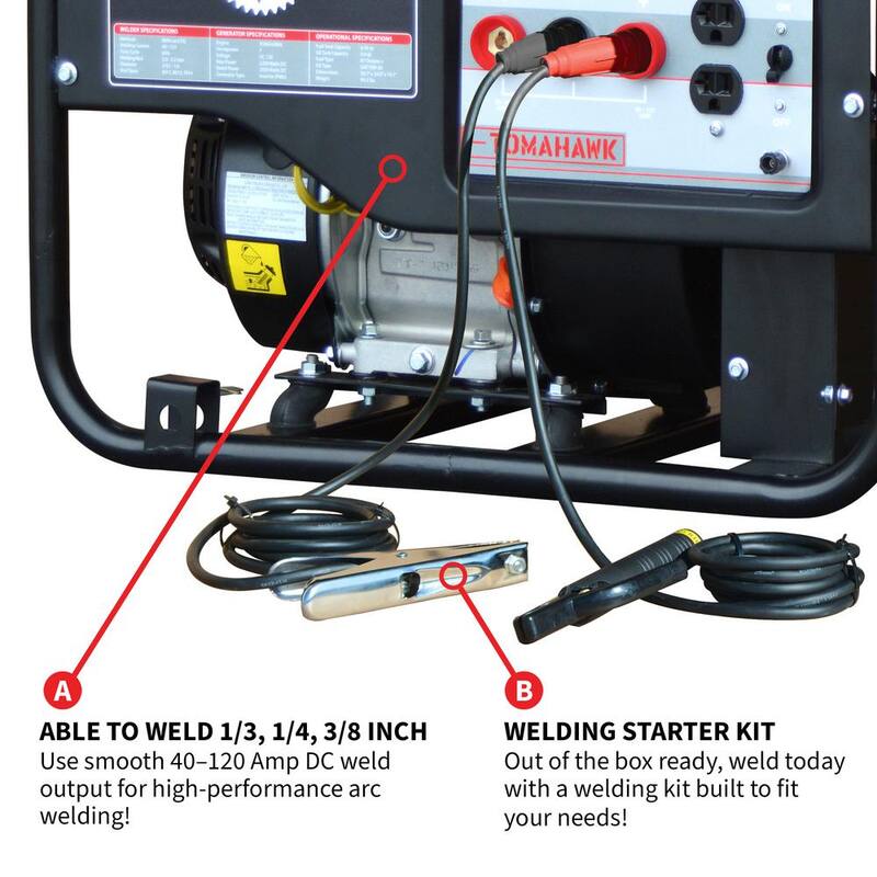 Tomahawk Power 120 Amp DC Multi Process MMA Stick Welder Generator w/ 7 HP 2,200-Watt Inverter Engine Driven Welder and Wheel Kit - TWG120A