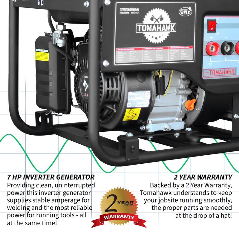 Tomahawk Power 120 Amp DC Multi Process MMA Stick Welder Generator w/ 7 HP 2,200-Watt Inverter Engine Driven Welder and Wheel Kit - TWG120A