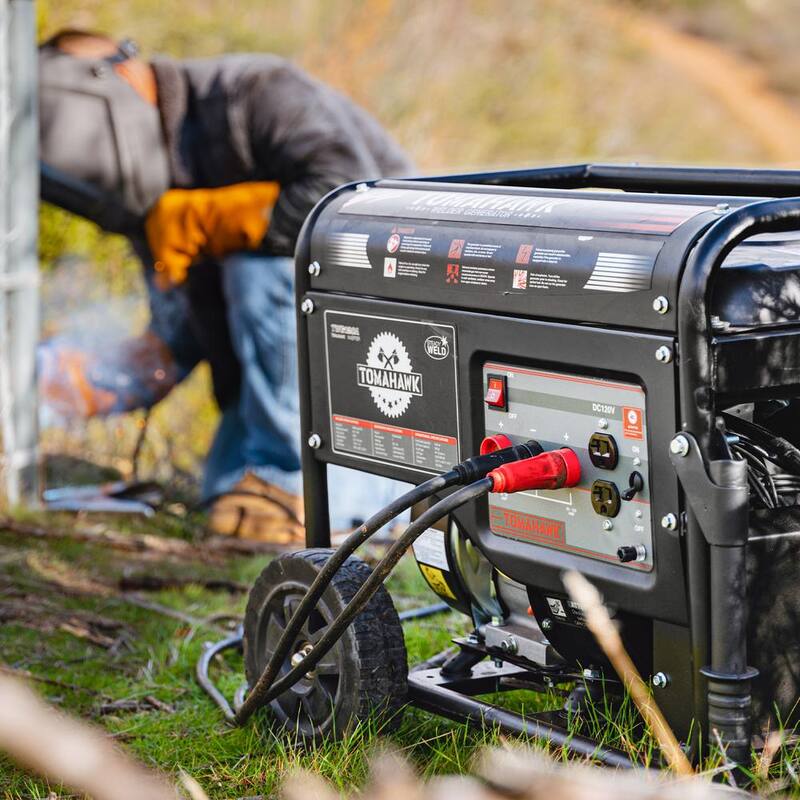 Tomahawk Power 120 Amp DC Multi Process MMA Stick Welder Generator w/ 7 HP 2,200-Watt Inverter Engine Driven Welder and Wheel Kit - TWG120A