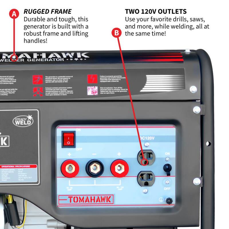 Tomahawk Power 120 Amp DC Multi Process MMA Stick Welder Generator w/ 7 HP 2,200-Watt Inverter Engine Driven Welder and Wheel Kit - TWG120A