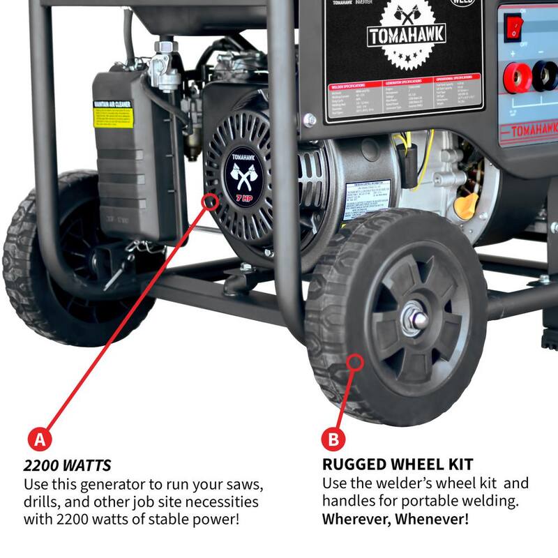 Tomahawk Power 120 Amp DC Multi Process MMA Stick Welder Generator w/ 7 HP 2,200-Watt Inverter Engine Driven Welder and Wheel Kit - TWG120A