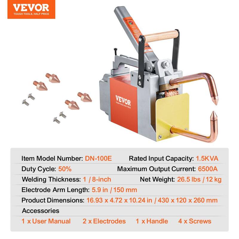 VEVOR 110V Portable Spot Welder, 1/8 in. Spot Welder Machine with 1.5KVA Input Capacity Handheld Welding Tip Gun Machine - BCDHJX18110VEOX8XV1-0731