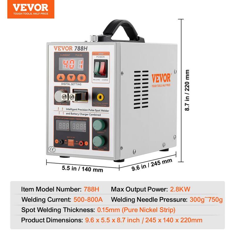 VEVOR 800A Battery Spot Welder, 788H Pulse Spot Welder & Battery Charger, Portable High-Power Battery Welding Machine - BYQDCDHJX015TCK0CV1-0731