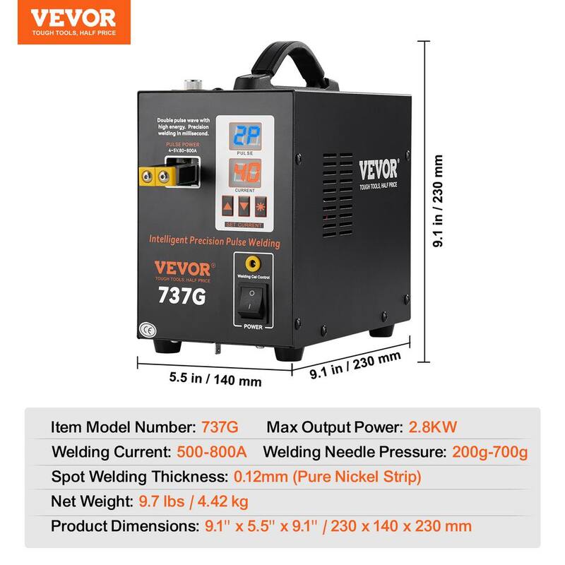 VEVOR 737G Battery TIG Welding Machine 0.15mm Portable Pulse Spot Welder 110-Volt 800 Amp for 18650 14500 Lithium Batteries - DHJ737GDCHJ000001V1
