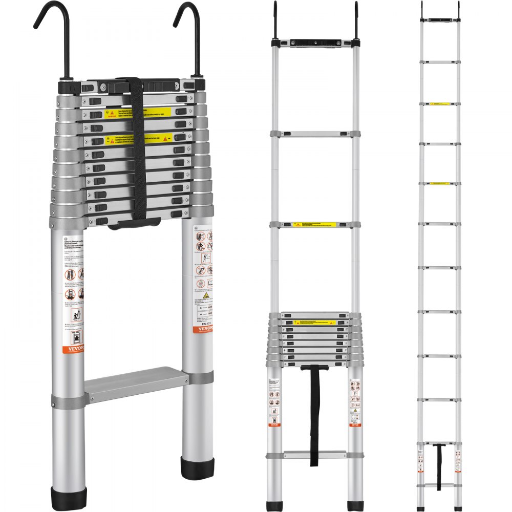 VEVOR Telescoping Ladder, 15 FT Aluminum One-button Retraction Collapsible Extension Ladder, 400 LBS Capacity with Non-slip Feet, Portable Multi-purpose Compact Ladder for Home, RV, Loft, ANSI Liste - SSLTQL15190KGJVF3V0