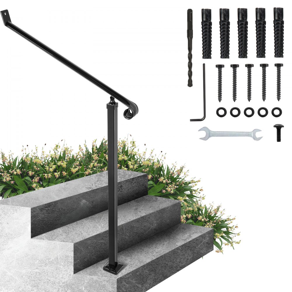 VEVOR Handrails for Outdoor Steps 2-3 Step Railings Wrought Iron Handrail Stair Railings for Steps Black Iron Railings for Steps Wall and Floor Mounted with Installation Kit - LTFS2BBGTYMLFS001V0