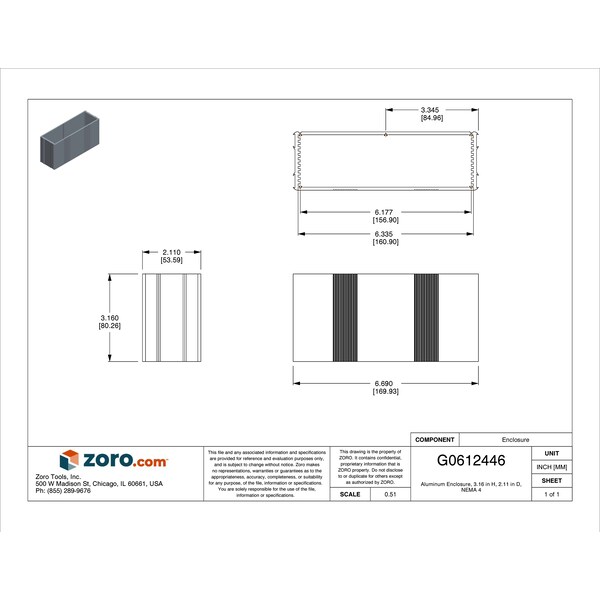 Box Enclosures Aluminum Electrical Enclosures, 3.16 in H, 2.11 in D, 6.69 in W, NEMA 4 - B4-080BK