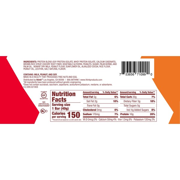 Barra de proteínas thinkThin thinkThin Chunky Chocolate Peanut 1.41 oz. Barra, paquete de 120 - 1074650