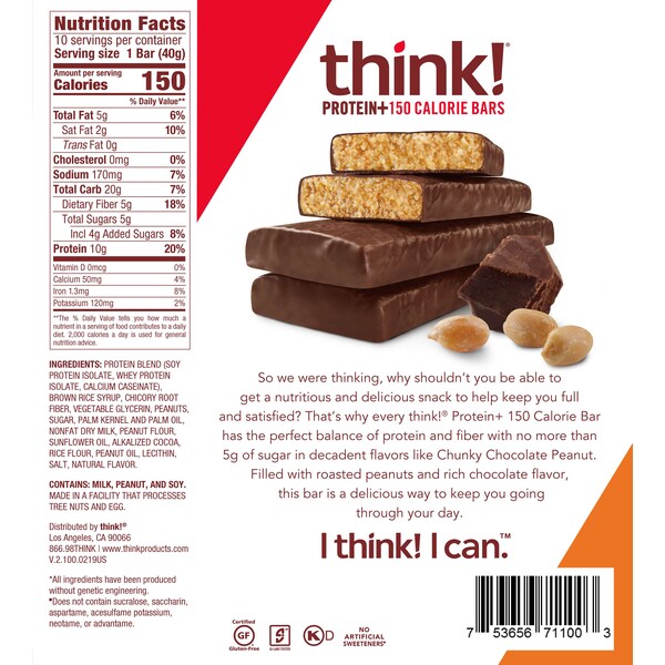Barra de proteínas thinkThin thinkThin Chunky Chocolate Peanut 1.41 oz. Barra, paquete de 120 - 1074650