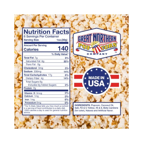 Paquetes de palomitas de maíz todo en uno de 6 onzas Great Northern Popcorn - Caja de 12 - Kits de porciones de maíz, sal, condimentos y aceite de coco - 284883CLK