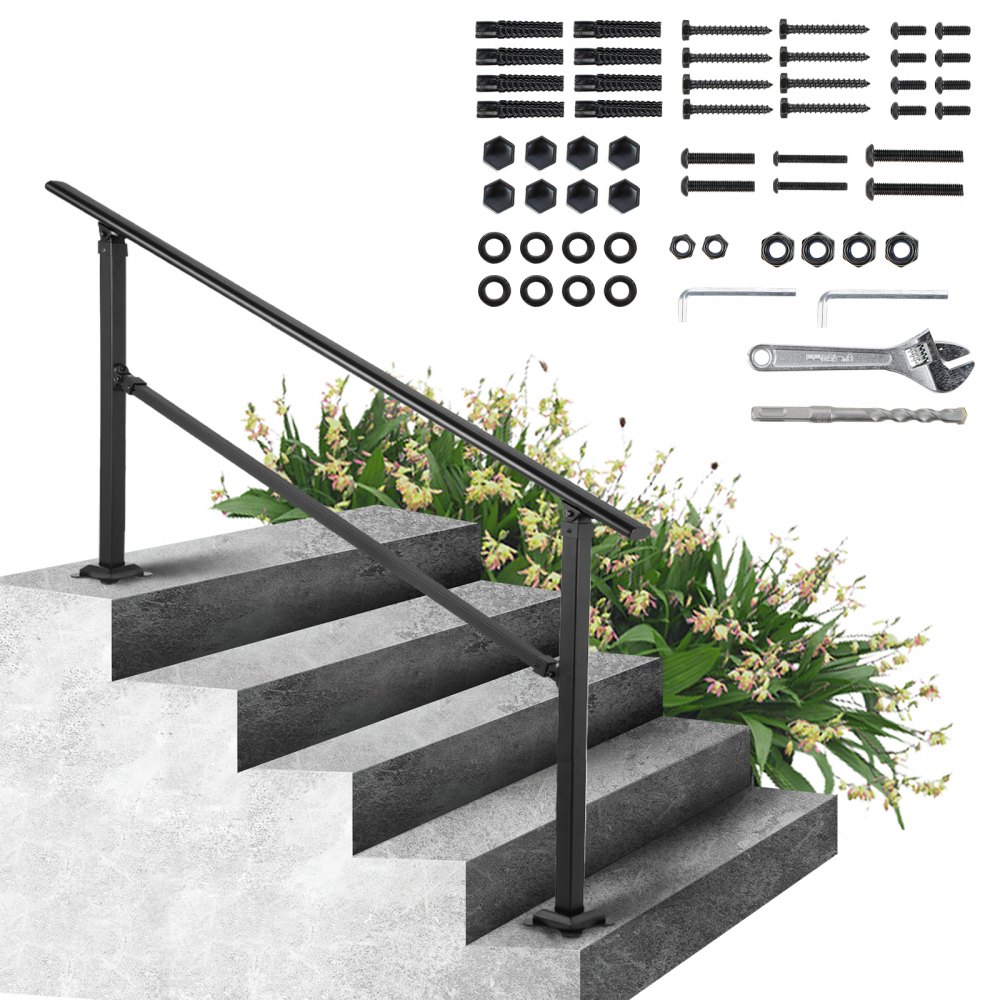 VEVOR Outdoor Stair Railing, Fits for 0-5 Steps Transitional Wrought Iron Handrail, Adjustable Exterior Stair Railing, Handrails for Concrete Steps with Installation Kit, Matte Black Outdoor Handrail - AQFSYCGTYSW36AQYRV0