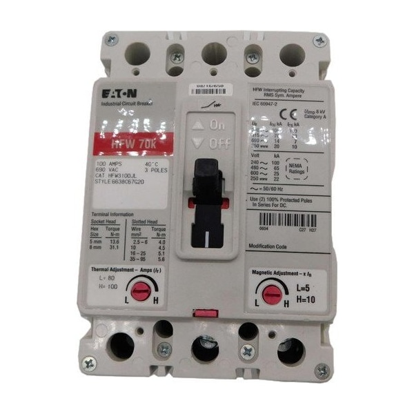 Eaton Molded Case Breakers MCCBs HFW 3P 100A 690V 50/60Hz 3Ph F Frame - HFW3100JL