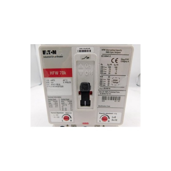 Eaton Molded Case Breakers MCCBs HFW 3P 100A 690V 50/60Hz 3Ph F Frame - HFW3100JL
