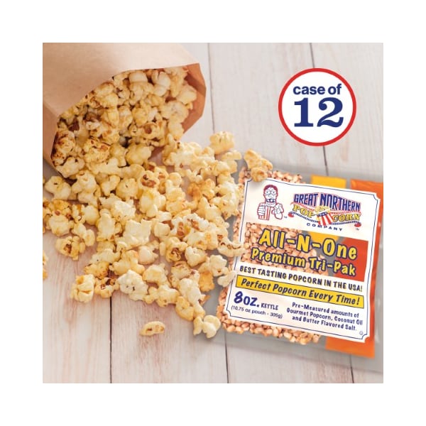Palomitas de maíz Great Northern, Paquete Todo en Uno de 8 onzas, Caja de 12, Maíz, Sal, Condimentos, Kits de Coco - 999143THS